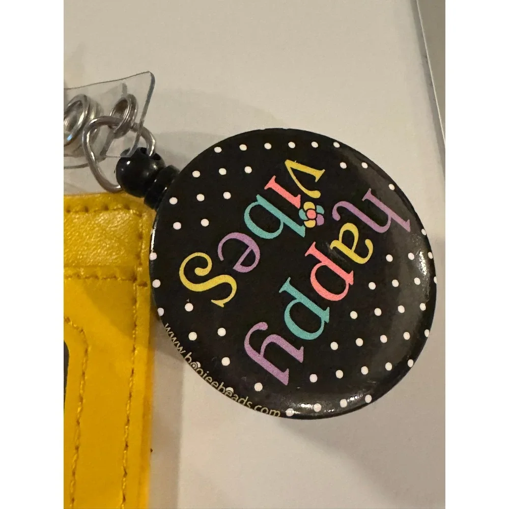 Boogee Beads Yellow Faux Leather Retractable Badge Reel ID Pocket Happy Vibes